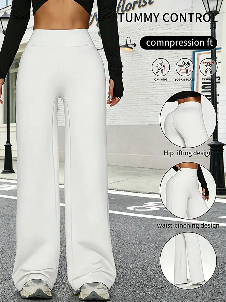 Simple Straight Leg Pants For Women Mid Waist Wide Leg Yoga Trousers Fitness Workout Nude Feeling Pilates Running Sports Bottoms - view 3