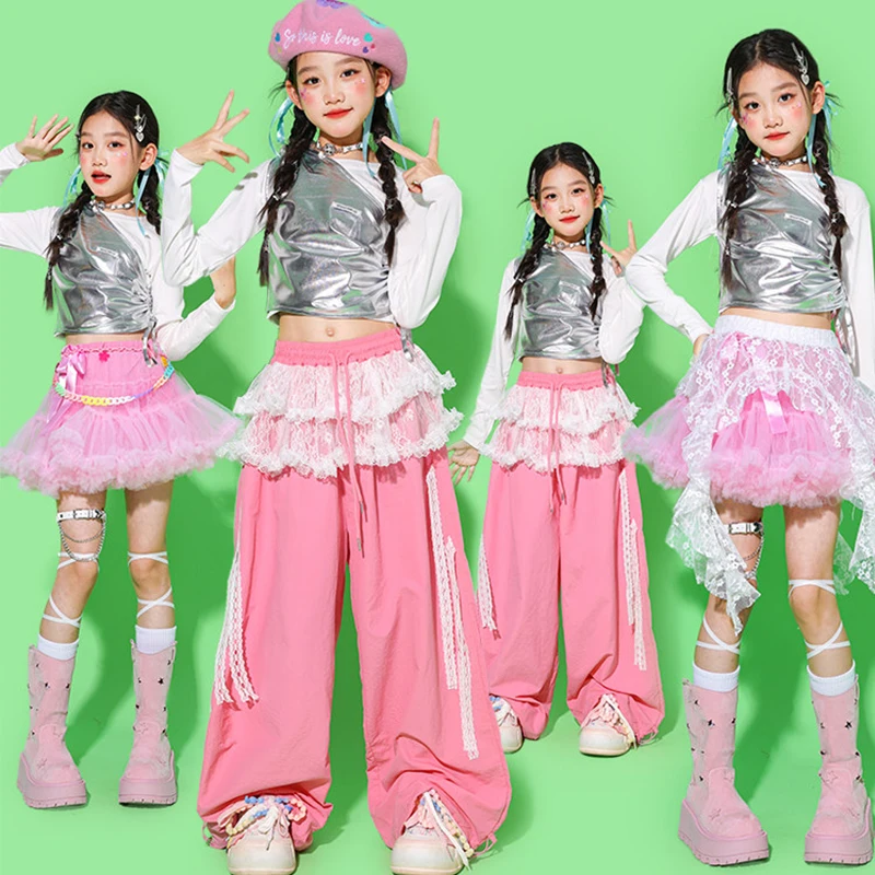 

Kpop танцевальный костюм для девочек, джазовый наряд, детская одежда для уличных танцев, укороченный топ, розовые брюки, модная уличная одежда 3177