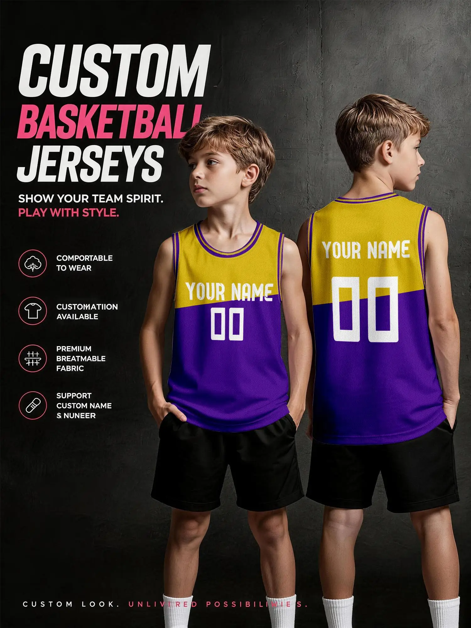Yellow‑purple Half‑and‑half Contrast Custom Basketball Jersey, Simple Breathable Mesh Vest Support Custom Name and Number