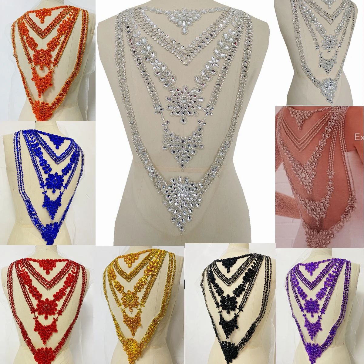 7 Colors Luxury Dress Triangle Style Material Beading Crystal Profiling On Tulle Evening Dress Hollow Out Suit Back Fabric