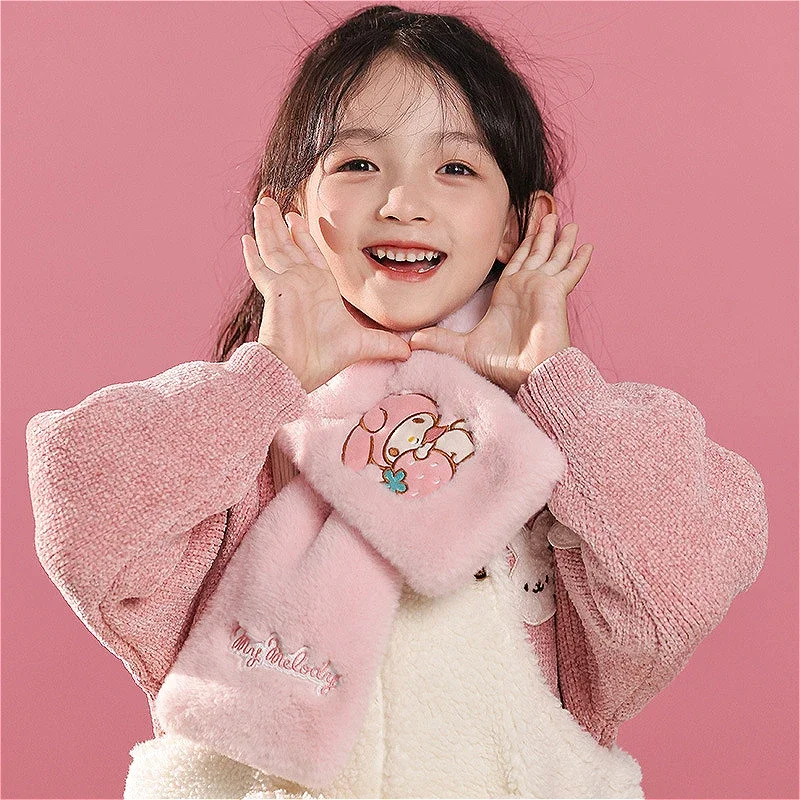 Sanrios Soft Plush Scarf Anime Figures Meldoy Kuromi Autumn Winter Warmth Thickened Solid Color Scarf for Girls Students Gifts