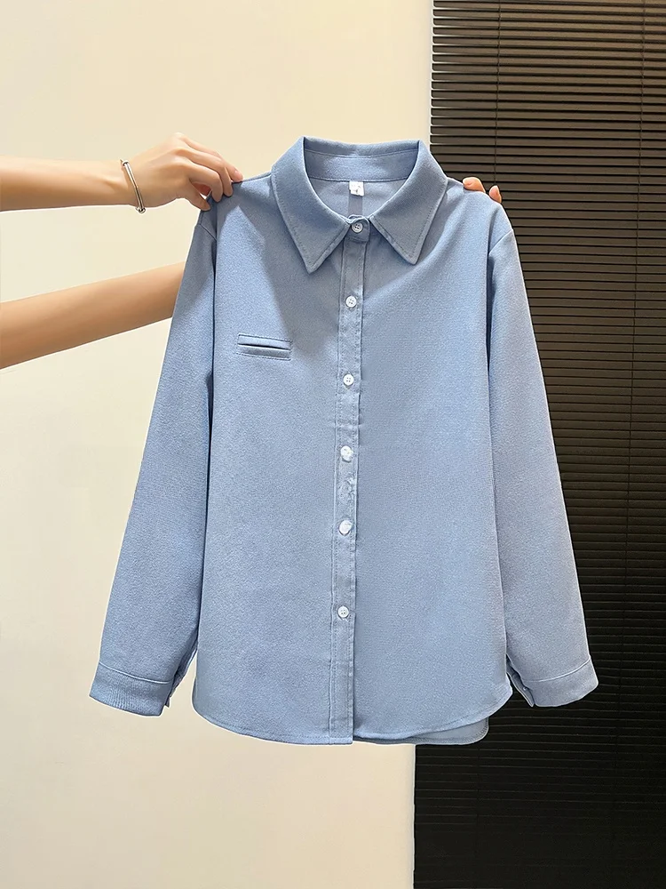 

Blue Fleece Shirt Women's Spring Autumn Luxury Soft Thickened Base Layer Shirt Inner Wear for Suit Winter Warm Commute Style