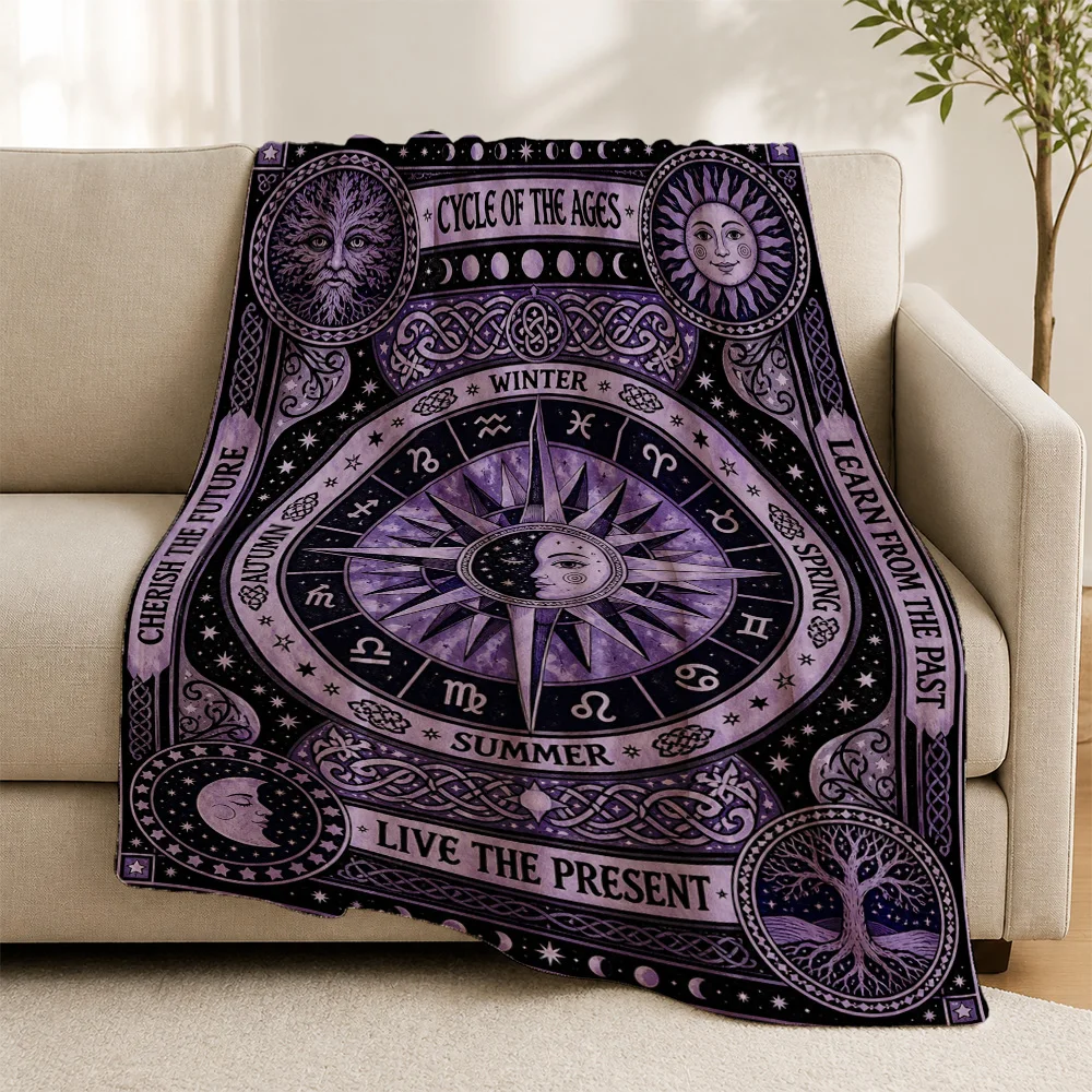 Bohemian Astrology Zodiac Throw Blanket Cosmic Celestial Couch Decor Spiritual Seasons Cycle Knit Throw Gift