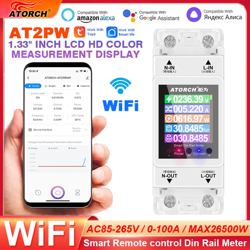 Tuya Smart Life Wifi Trilho Din Monitor de Controle Remoto Eletricidade Kwh Medidor de Energia At2p Ac110v 220v 100a 50hz 60hz Rs485