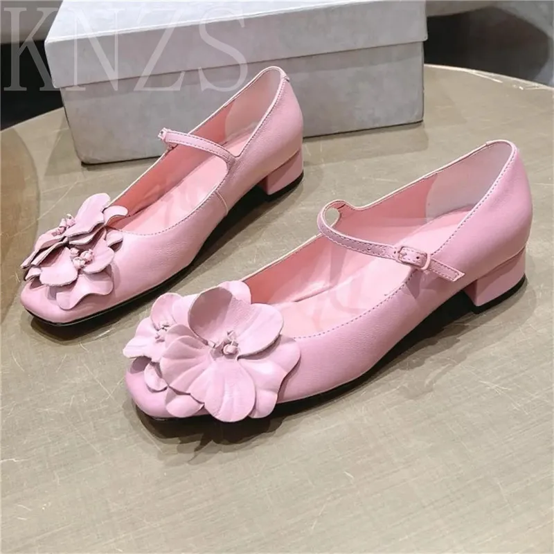 

Spring New Square Toe Fashion Chunky Heel Casual Pumps Women Genuine Leather Concise Flower Decor Mary Janes Single Shoes 2024