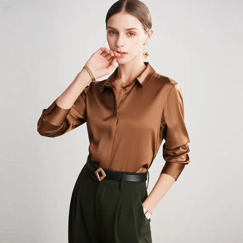 Women's Silk Top Office Lady Tops Fashion Shirt Blouses Outerwear 2024 New Real Mulberry Silk Lapel Long-sleeved Shirts Blouse