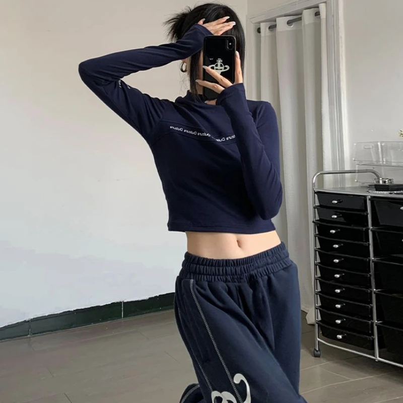 Long Sleeve T-shirts Women Autumn Slim Navy Blue Letter Retro Sexy Y2k Clothes Streetwear Crop Tops Hotsweet Embroidery Korean