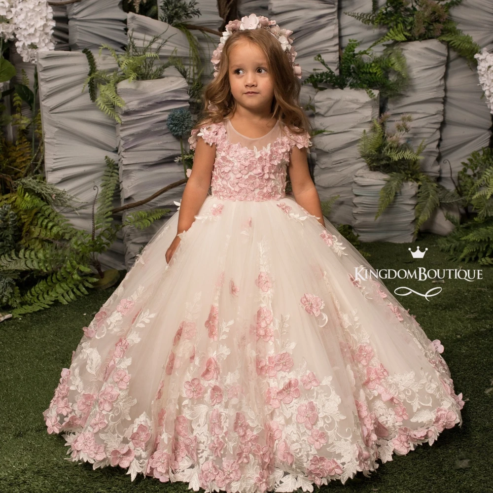 Lorencia-vestido de niña de flores rosa para boda, vestido de baile Formal con apliques de encaje Floral 3D, primera comunión, vestido de desfile YFD016