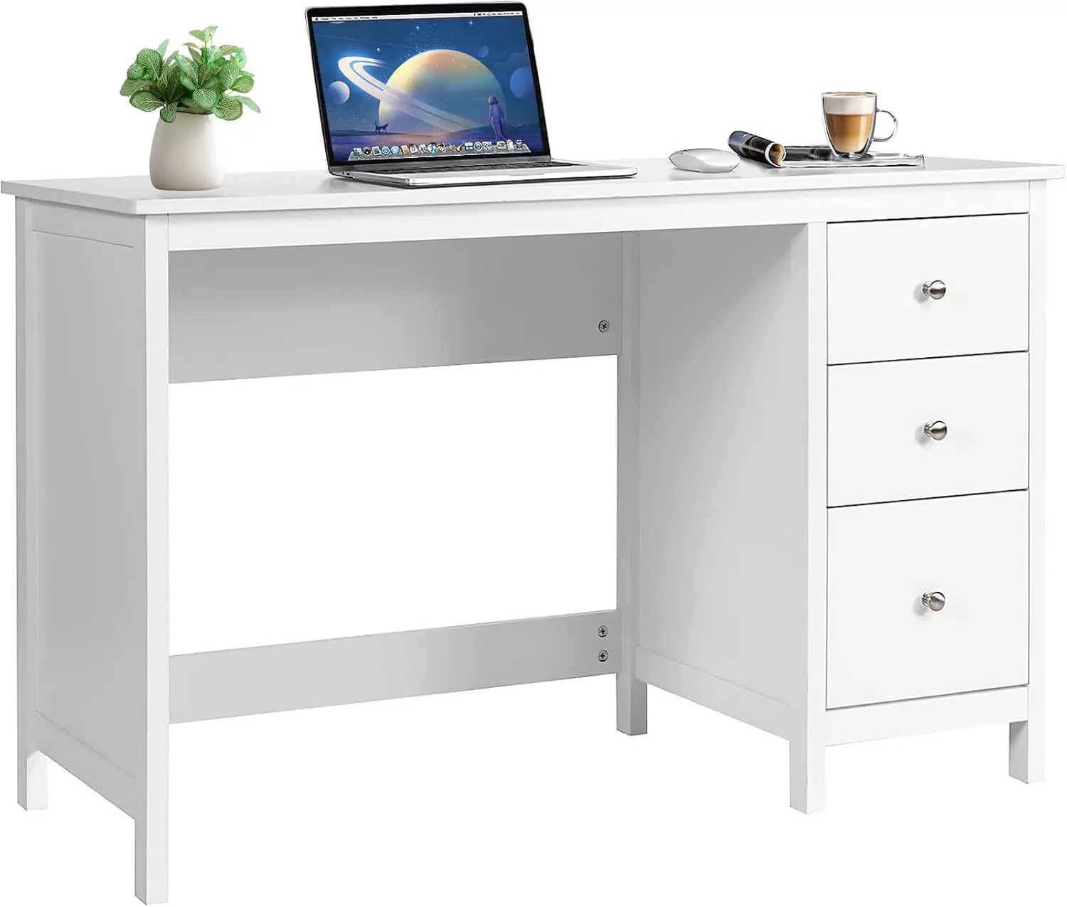 POWERSTONE-Mesa do computador com 3 gavetas, 48 "Modern Home Office Desk, Estudo Escrita Tabela, Workstation, Branco