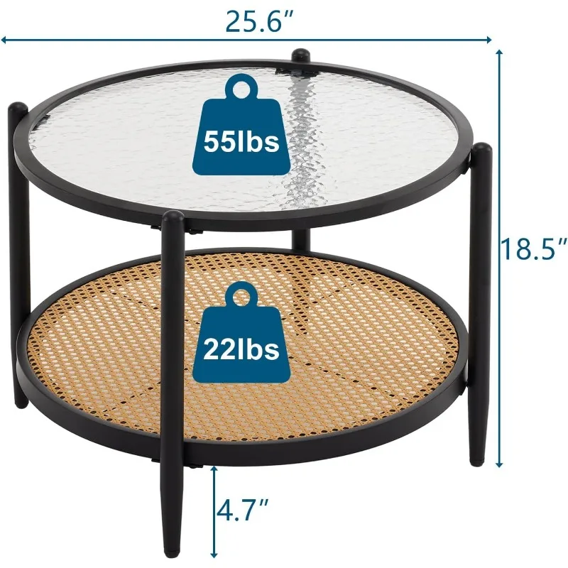 25.6" Black Rattan Coffee Table, Round Water-Wave Glass Metal Center Table, Modern Coffee Table with 2-Tier Storage, Farmhouse