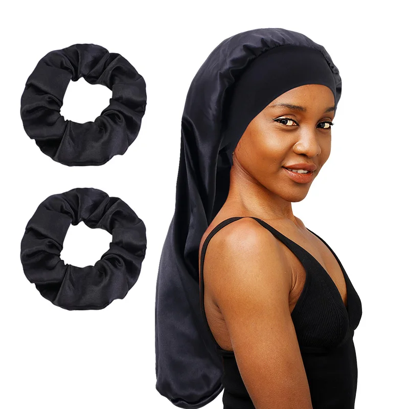 3PCS/LOT Elastic Wide Edge Long Satin Bonnet Sleep Hats Wrap Night Cap Care Women Extra Large For Natural Curly Loose Hair