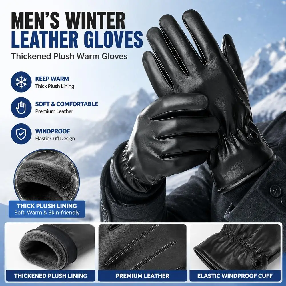 Comfortable Keep Warm Gloves Male Winter, Water Ripple Design Sheepskin Men's Gloves, Black Men's Leather Gloves-8001Y