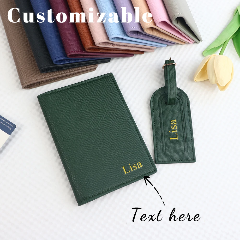 Customized Name PU Leather Luggage Tag, Passport Bag Set, Anti-Damage Tag, Luggage Tag, ID Card Case