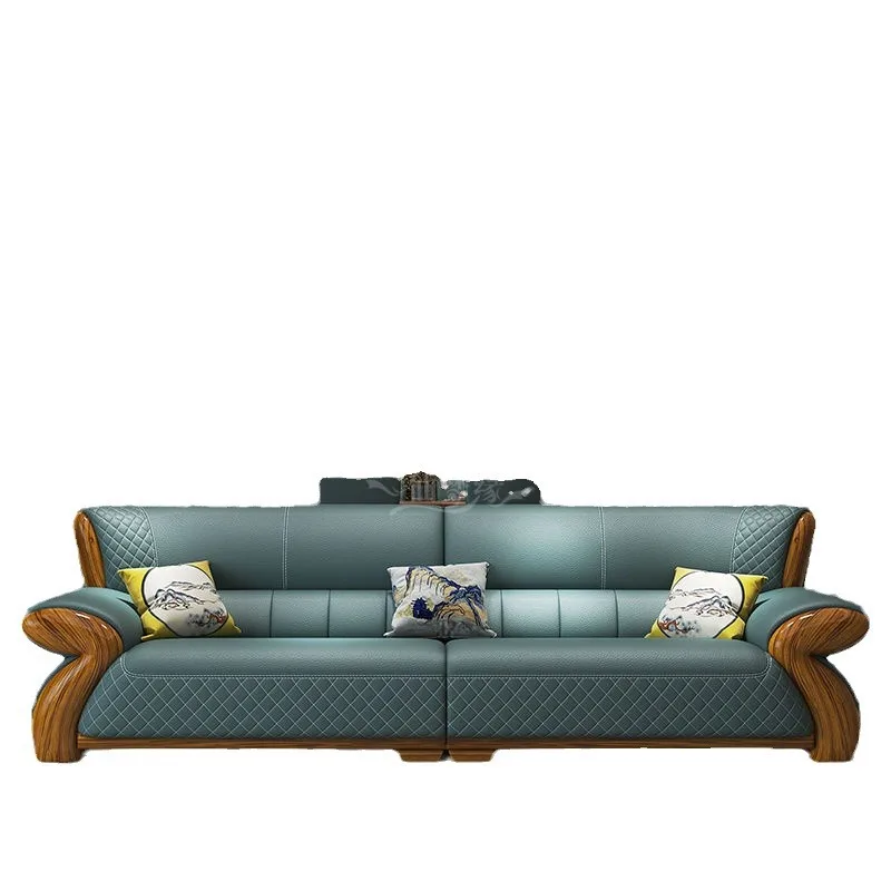 

New leather sofa modern simple light luxury ebony solid wood new Chinese small apartment living room popular furniture