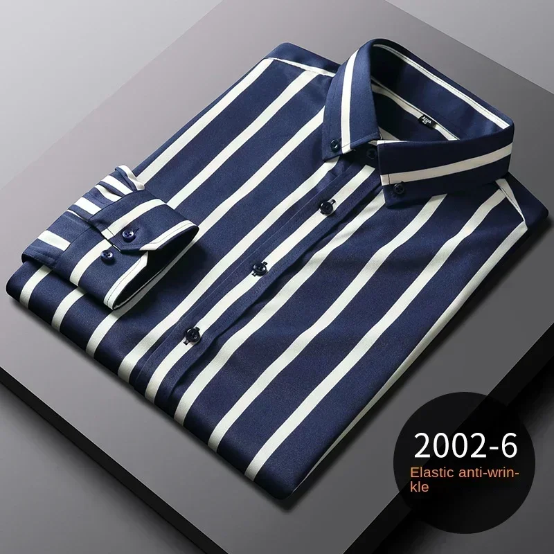 2024 new fashion casual men\'s vertical striped shirt stretch shirt business temperament long sleeve shirtpastel button up shirt，