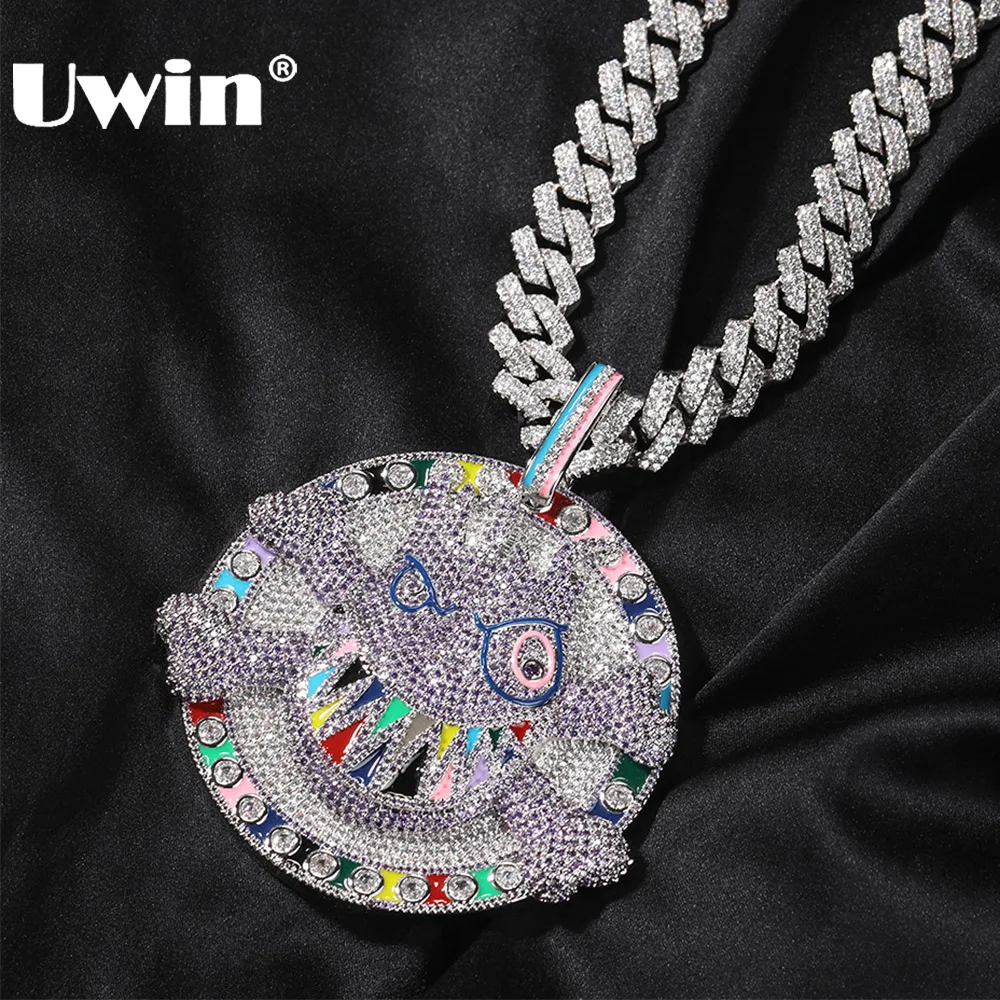 UWIN Big Skeleton Head Pendant Necklaces Iced Out Zircon Circle Skull Head Charms Necklace Hip Hop Jewelry for Gift