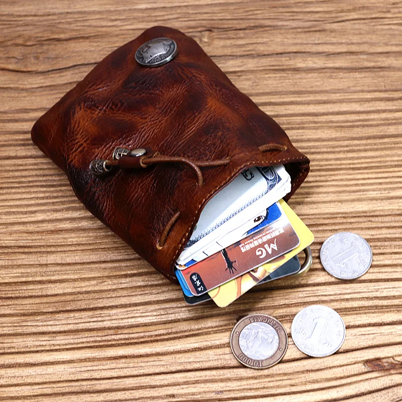 Porte-monnaie vintage en cuir véritable fait à la main pour hommes et femmes, petit sac de rangement de poche Wstring de proximité, porte-clés, porte-cartes, étui masculin