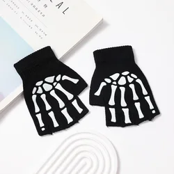 Gloves New Adult Kids Halloween Skeleton Skull Half Finger Luminous Punk Gloves Winter Skull Fingerless Black Mitten