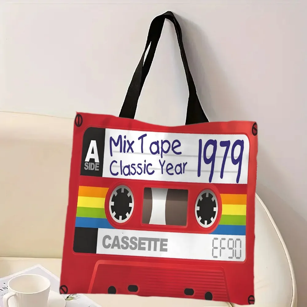 Handbag Retro Mixtape Style Vintage Cassette Tape Design Shoulder Foldable Shopping Bag Travel Storage Tote Bag Red Pouch
