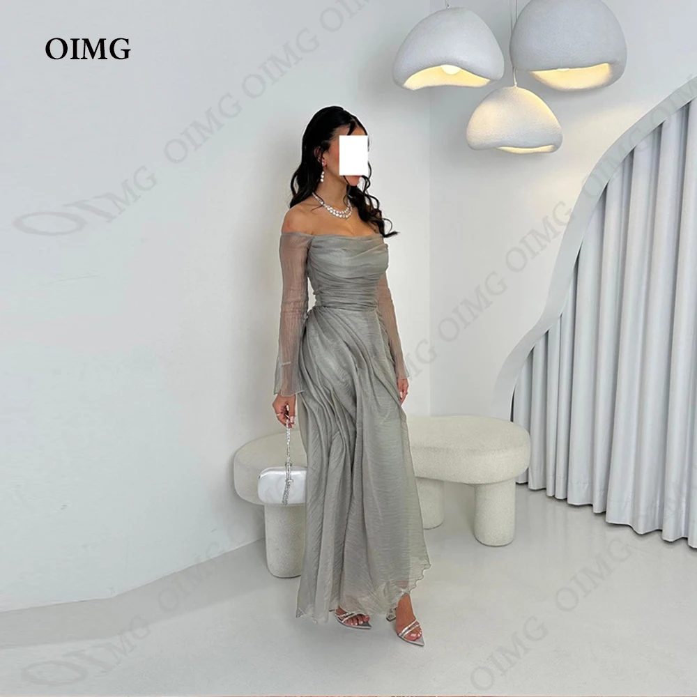 

OIMG Slivery Chiffon Short Evening Dresses Off Shoulder Full Sleeves Prom Gowns Fashion Simple Celebrity Formal Party Robe