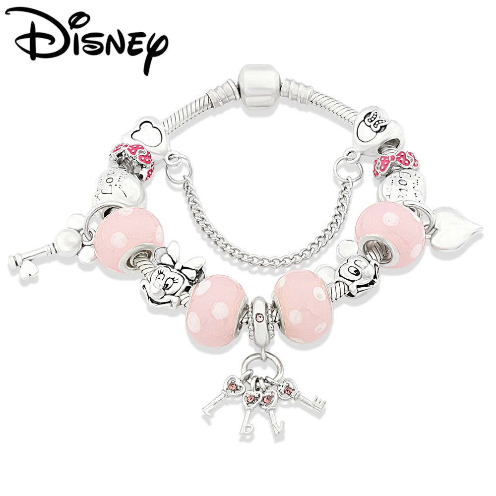 

Trendy Pink Crystal Cartoon Disney Charm Bracelet for Women Girl Gift Silver Color Key Love Heart Pendant Bead Jewelry DIY Gift