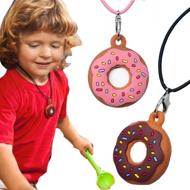 AirTag Holder Case, Cute Doughnut Airtag Necklace for Kids Children, Soft Silicone Air Tag Holder Cover with Lanyard Bracelet