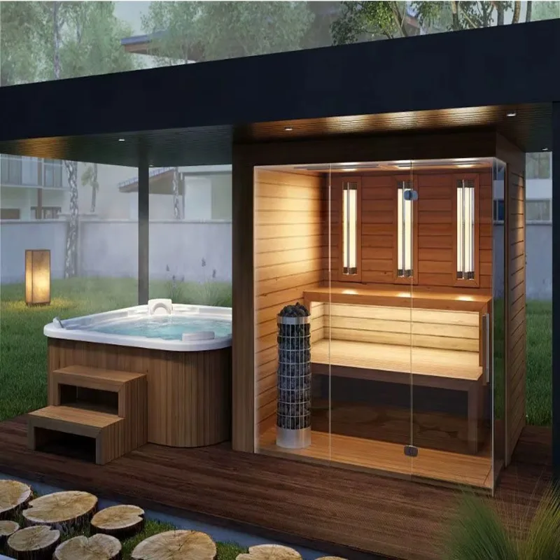 3‑In‑1 Outdoor Sauna Shower Room Leisure Pavilion Warm Cold Bathtub Integrated Large Sauna Cabin