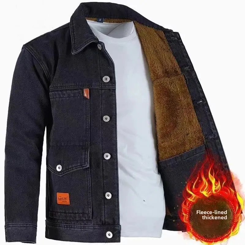 

Men's Denim Jacket Winter Fashionable Casual Fleece-Lined Thickened Solid Color Top Spring Men's Work Clothes Jacket
