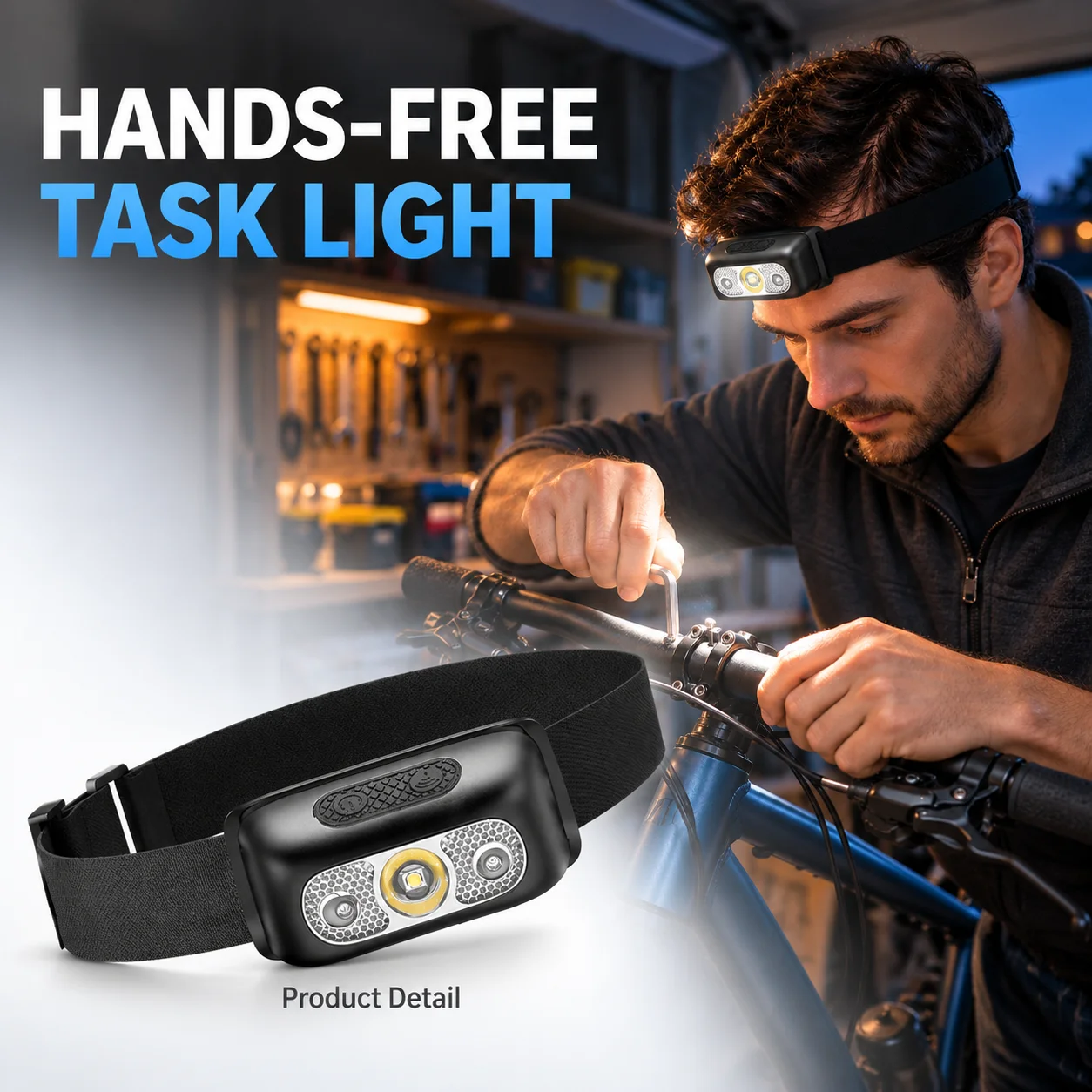 HL03 Rechargeable LED Headlamp, Motion Sensor, Type-C Charging, 300mAh, Adjustable Headband for Repairs, DIY and Camping