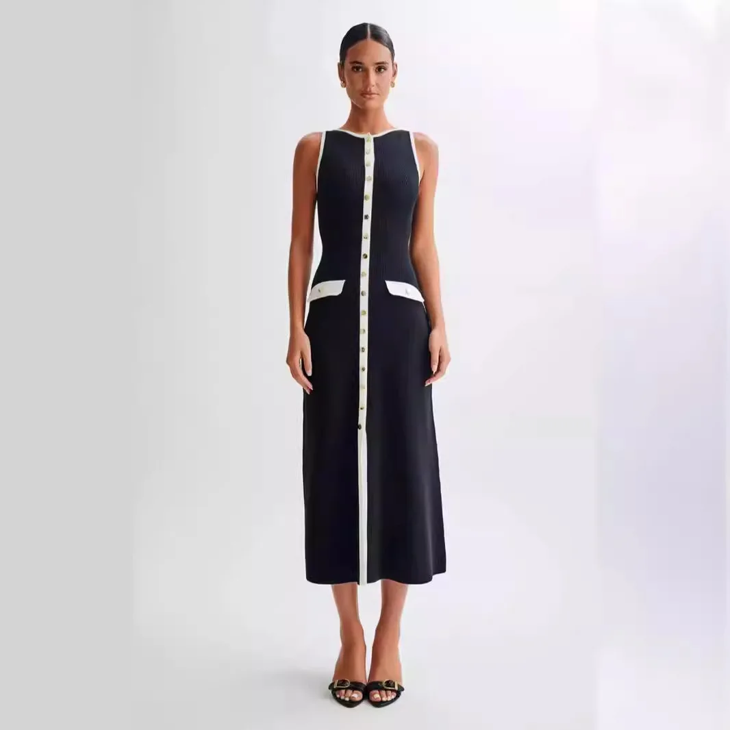 

Black Ladies Elegant Long Sleeveless Crew Neck Wool Dress 2025 Summer New
