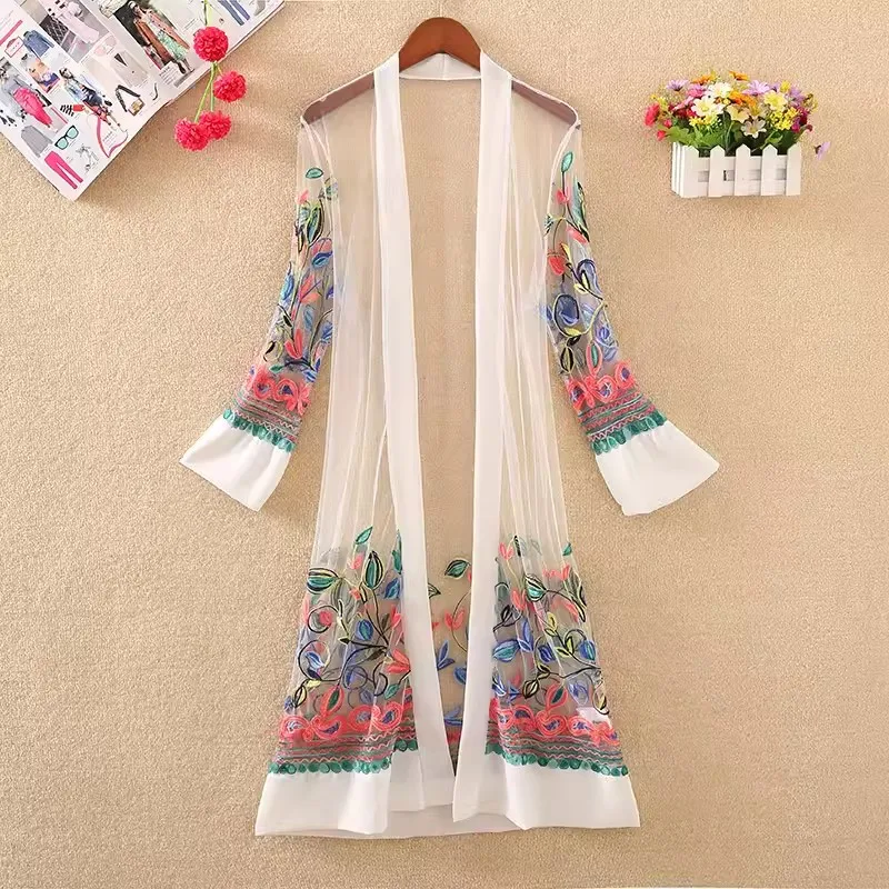 Long Cardigan Embroidery Beach Cover Up Summer Blouses For Women 2024 Woman V Neck Shirt Top Blusas Femininas Sunproof Outwear