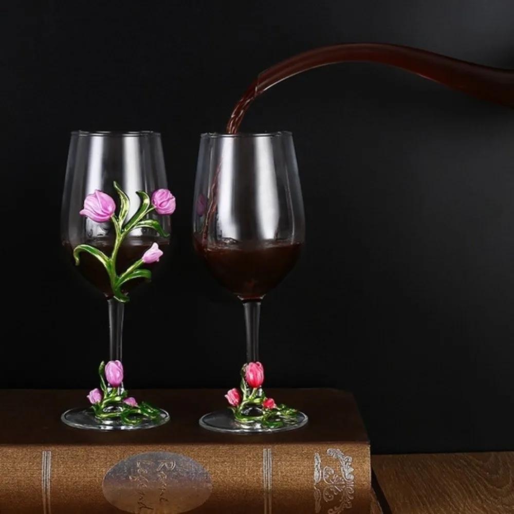 Decorative Tulip Floral Tulip Flower Wine Glass Transparent 350ML Glass Goblet Elegant 3D Creative Tall Glass Table Decor