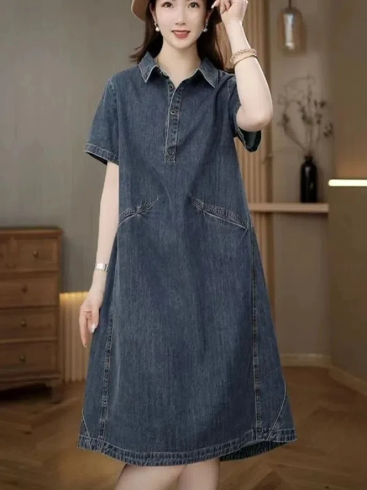 2025 Summer Lapel Short-sleeved Button Splicing Simple Loose Slim Denim Dress