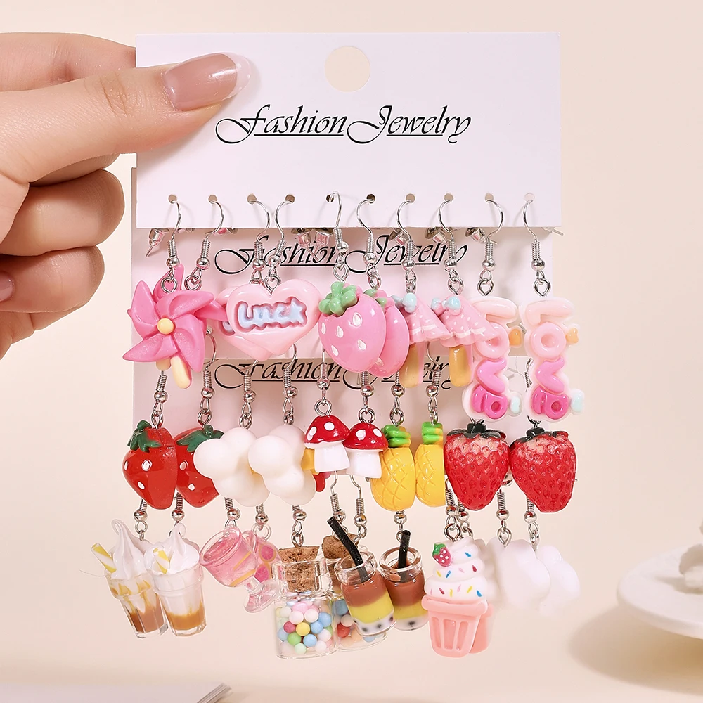 Pendientes de Resina Coloridos de Moda Transfronteriza, Set de Pendientes Colgantes Creativos de Imitación con Diseños de Nube, Flor, Fruta y Helado