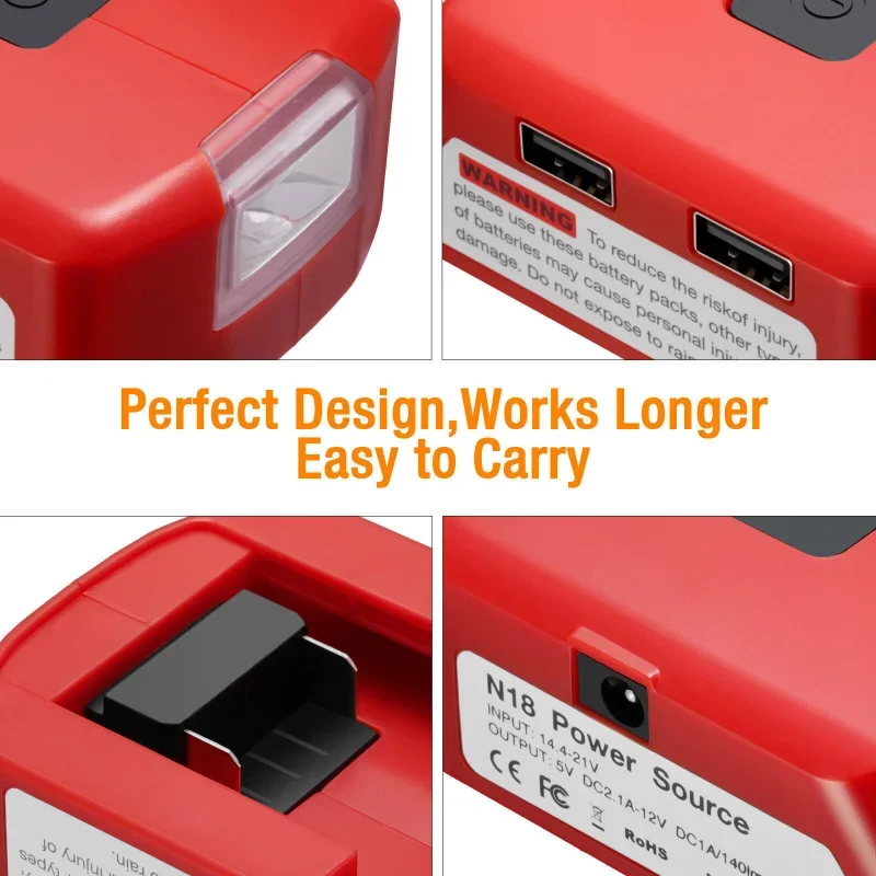 Adaptador de bateria carregador de porta usb dupla para milwaukee 18v fonte de alimentação da bateria dc 12v/2a 3w luz led para jaqueta aquecida