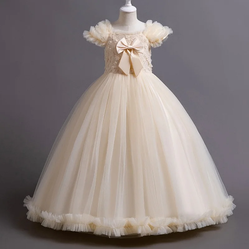 Vestido de princesa flor de manga voadora para meninas e meninos, Banquete Bow Tie, Vestido de noite high-end, novo, 4-12 anos