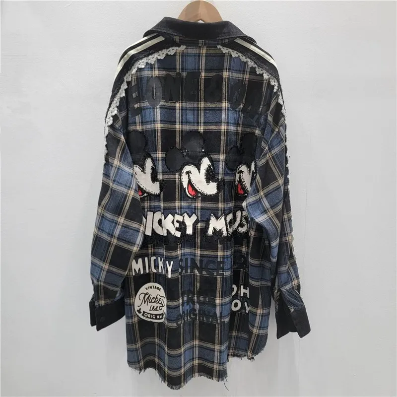 2025 Autumn New Fashion Cartoon Versatile Casual Loose Oversized Long Sleeve Shirt Women's Top Trendy Plaid Shirts for Women