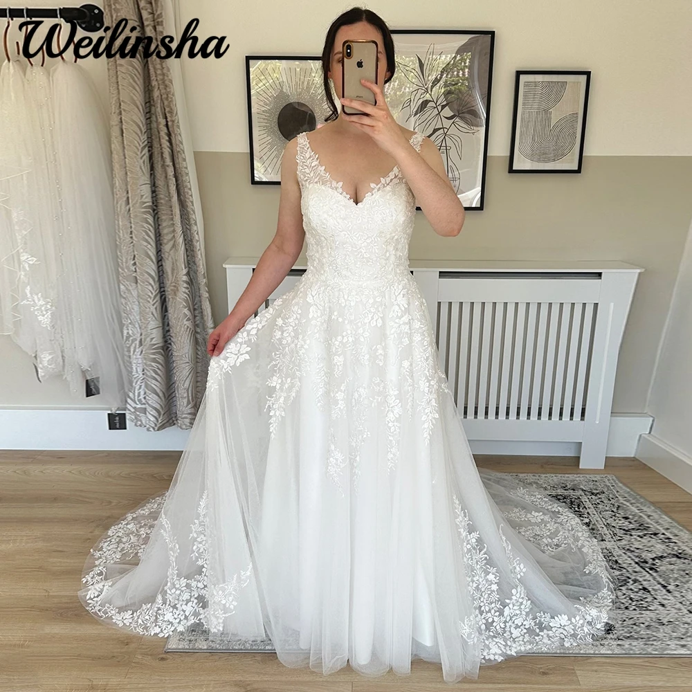 Weilinsha Appliques Tulle Wedding Dress 2024 Woman V Neck Sleeveless Lace Civil Bridal Gown A Line Chapel Train Vestido De Novia