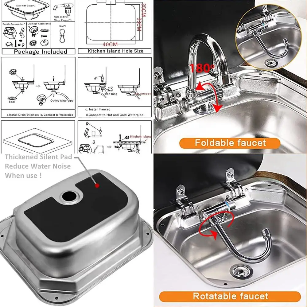 

Stainless Steel RV Sink with Lid, Glass Faucet, Cold & Hot Water, Strainer for Caravan, Camper, and Boating