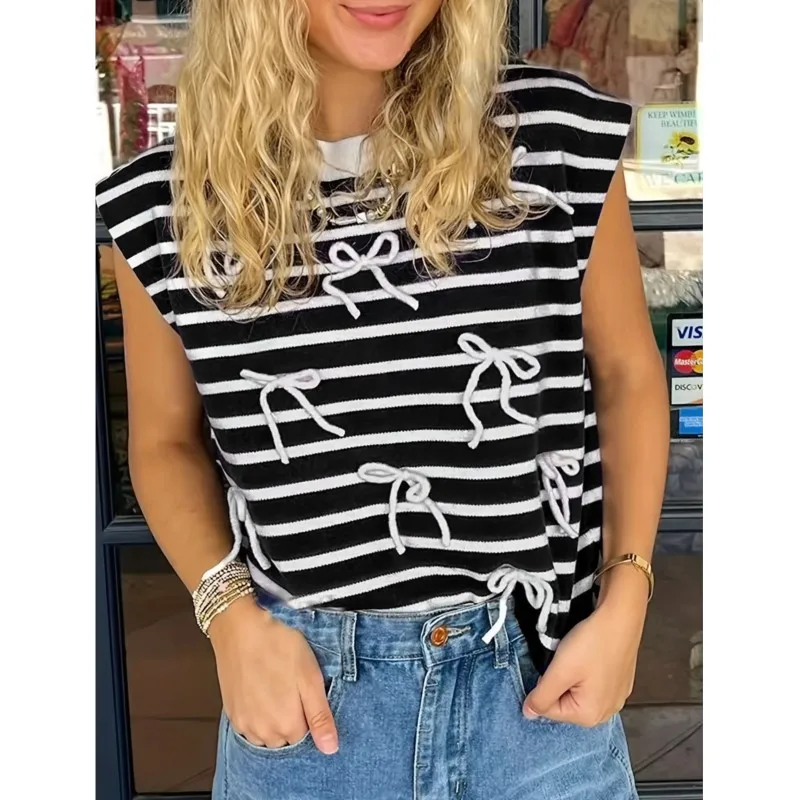 

Knit Tops For Women Trendy Summer Casual Bow Decoration Short Sleeve Basic Textured Stripe Pullover O-Neck T Shirts Blouse 2025