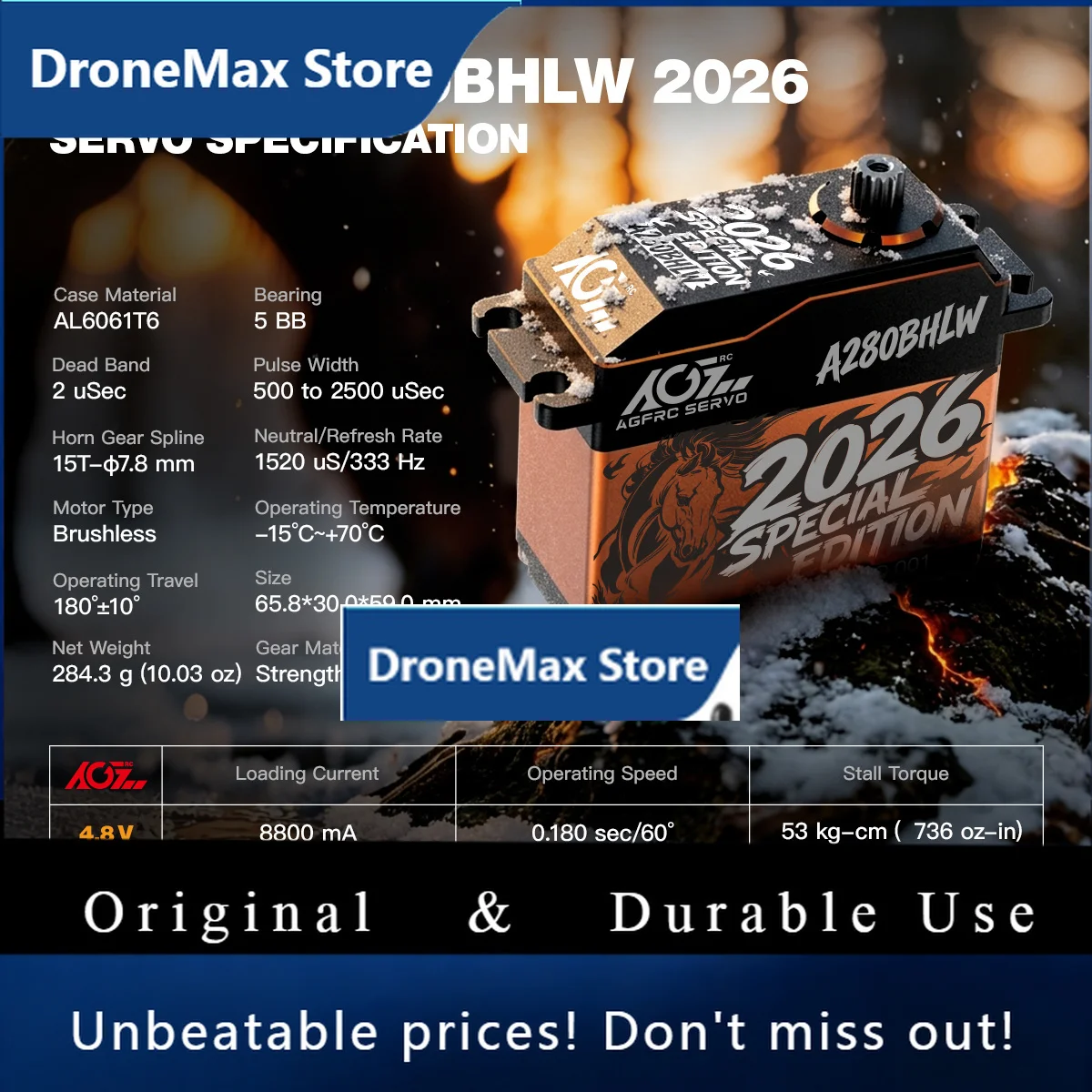 DroMaAGFRC A280BHLW 100KG Super Torque 0.110Sec Reinforced Steel Gear Waterproof 1/5 Scale Giant Servo For 1/5 Desert