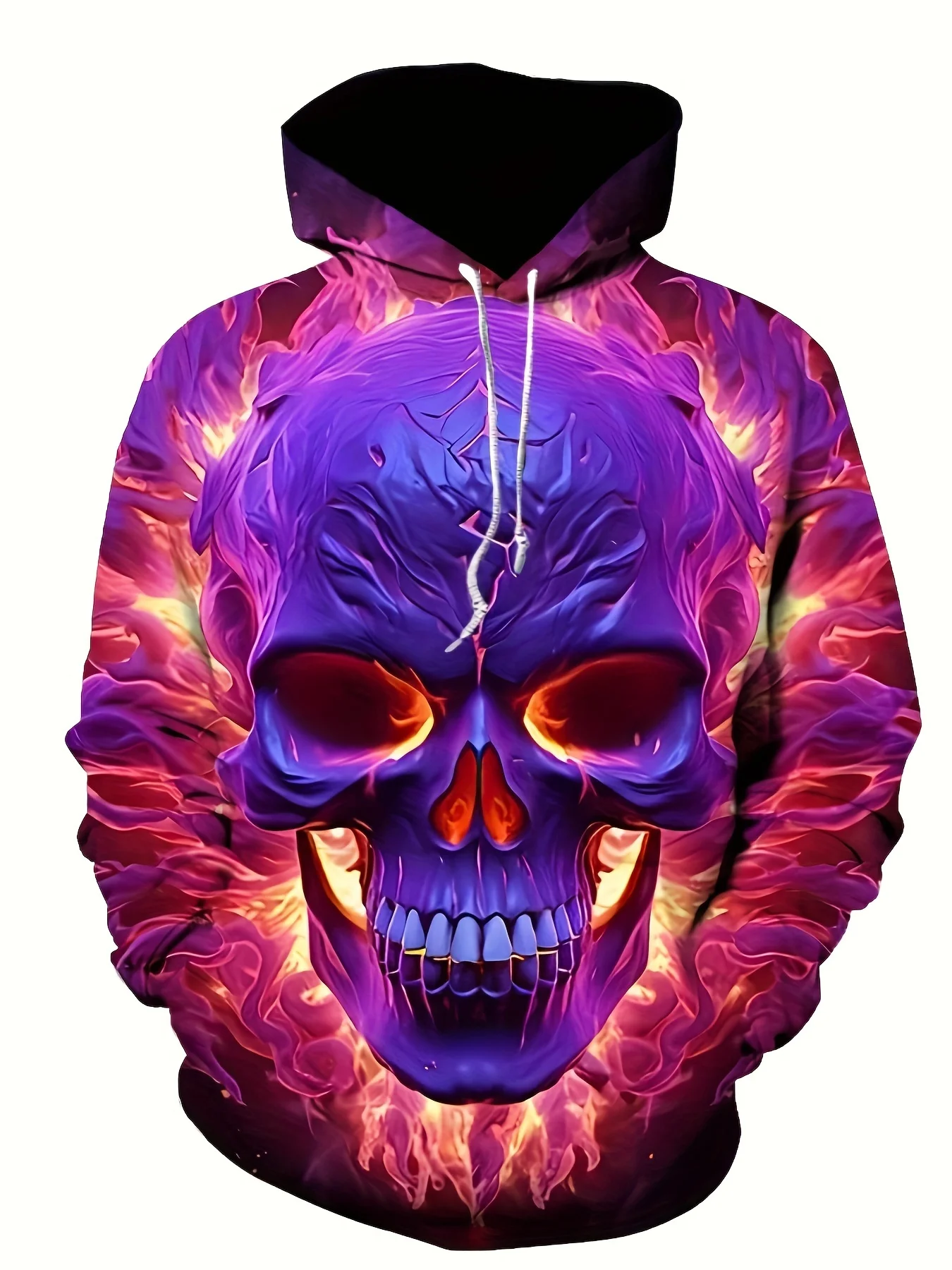 Men Purple Flame Skull All Over Print Hoodie Horror Cracked Skull Graphic Drawstring Pocket Street Sweatshirt