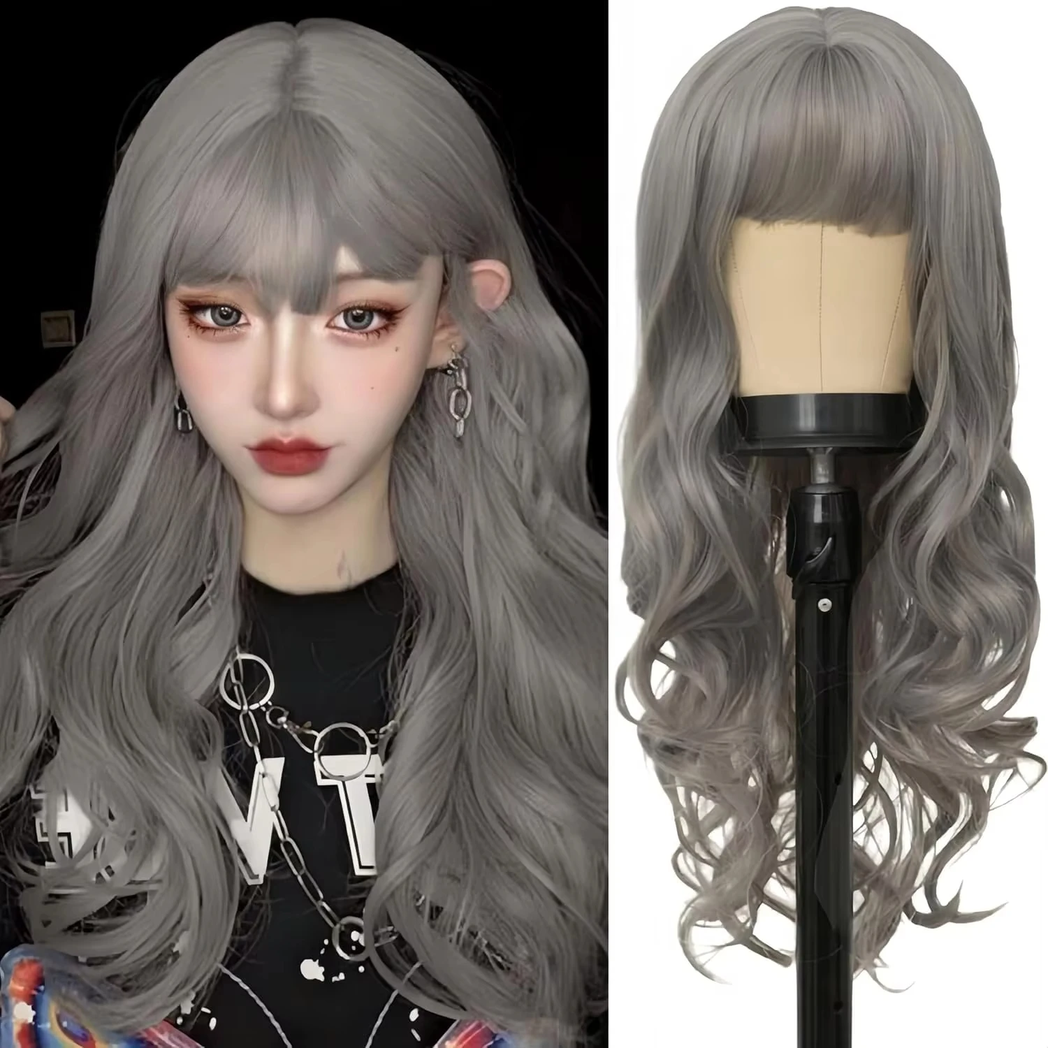 

Gray synthetic wig with big waves for Halloween cosplay, costume party, daily party wig, high-temperature hair accessory