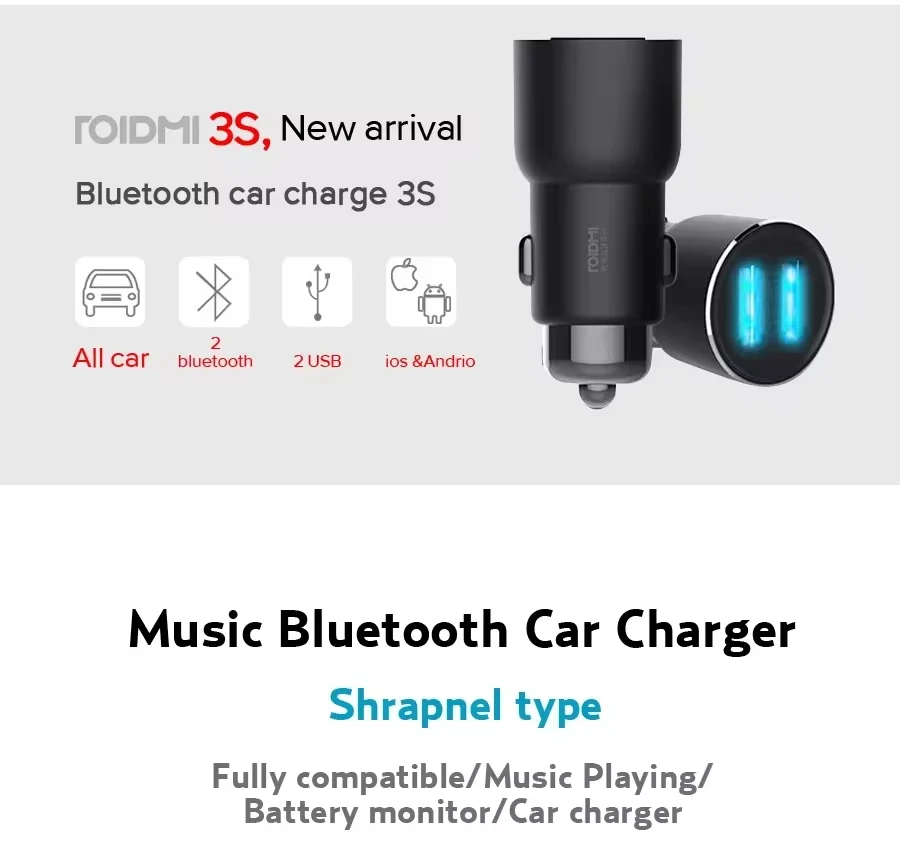 Original Xiaomi Roidmi 3S Mojietu Bluetooth 3.4A 5V Dual USB Car Charger MP3 Music Player FM Transmitters For iPhone And Android