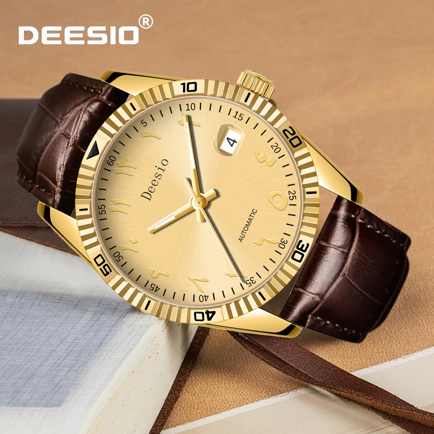 

Мужские автоматические механические часы Deesio для мужчин, деловые часы из нержавеющей стали, календарь с указанием дня и даты, водонепроницаемый кожаный ремешок