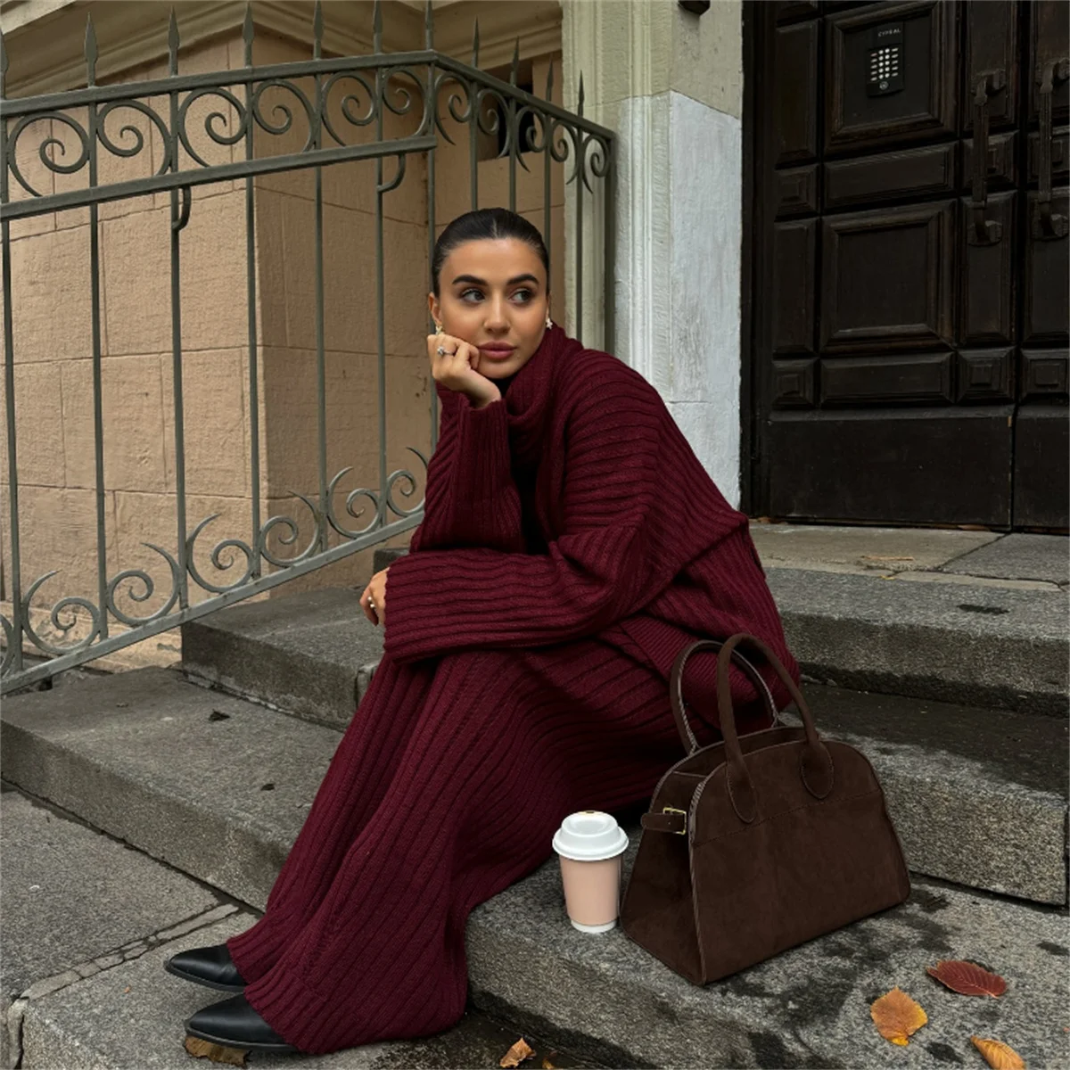 Elegant Knit Burgundy Red Set With Scarf Women Autumn Long Sleeve V-neck Loose 2 Pieces Top Set Elastic Wide Leg Pants Suit