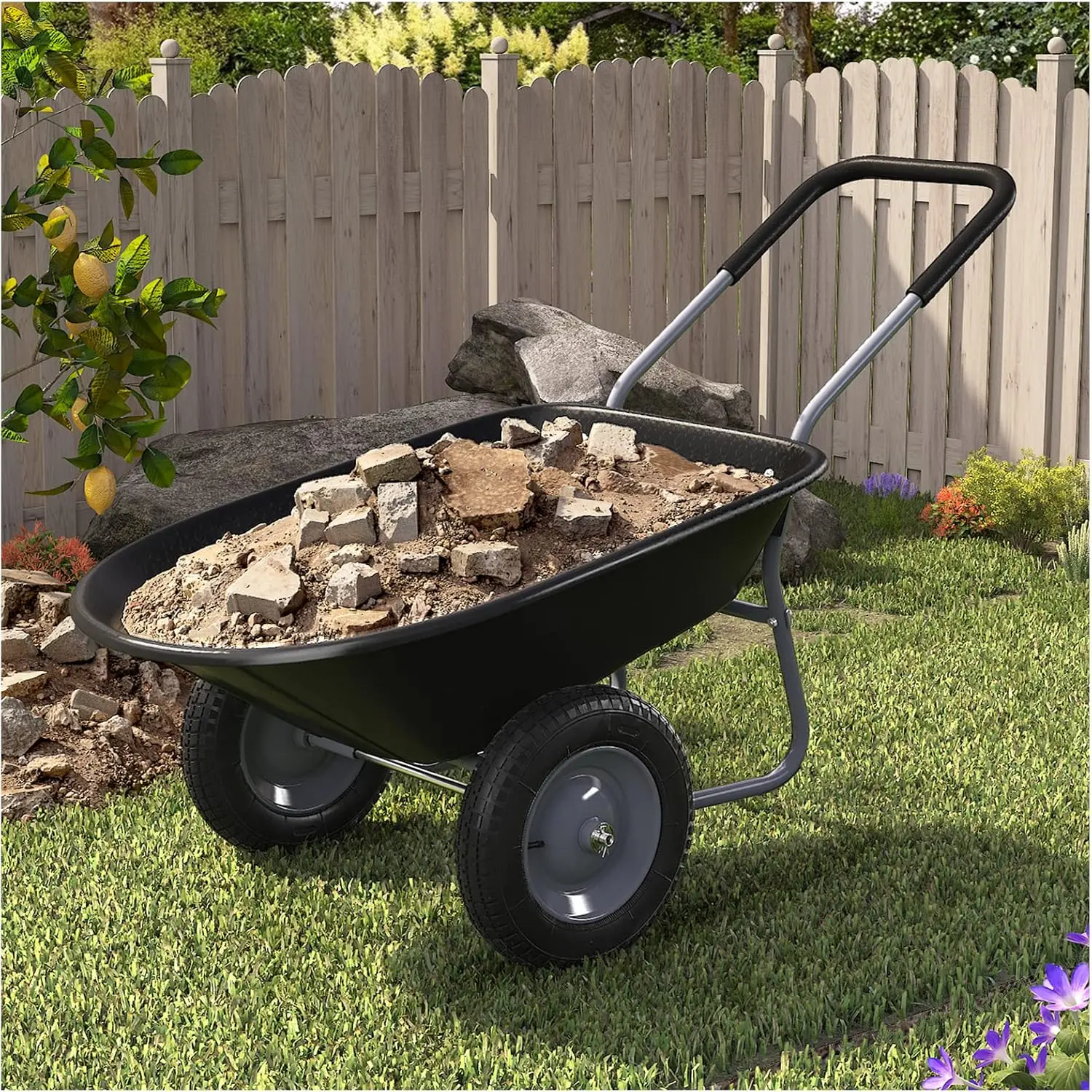 Enlarged 2-Wheel Wheelbarrow, Easy Loading and Dumping Garden Cart, Heavy Duty Utility Dump Cart for Outdoor Lawn Yard Far