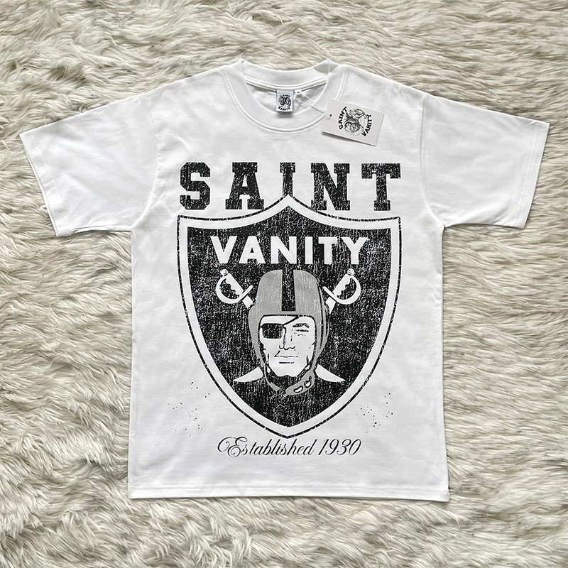 Saint Vanity Oakland White T-Shirt Retro Fashion Print Casual Pure Cotton Short Sleeve round Neck Top for Youth Summer Wear