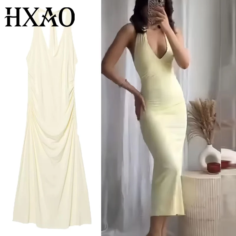 HXAO Neckholder-Damenkleid, Sommer, schulterfrei, lange Partykleider, 2025, gerüscht, rückenfrei, sexy Kleid, Sommerkleid, gelbes Kleid 088