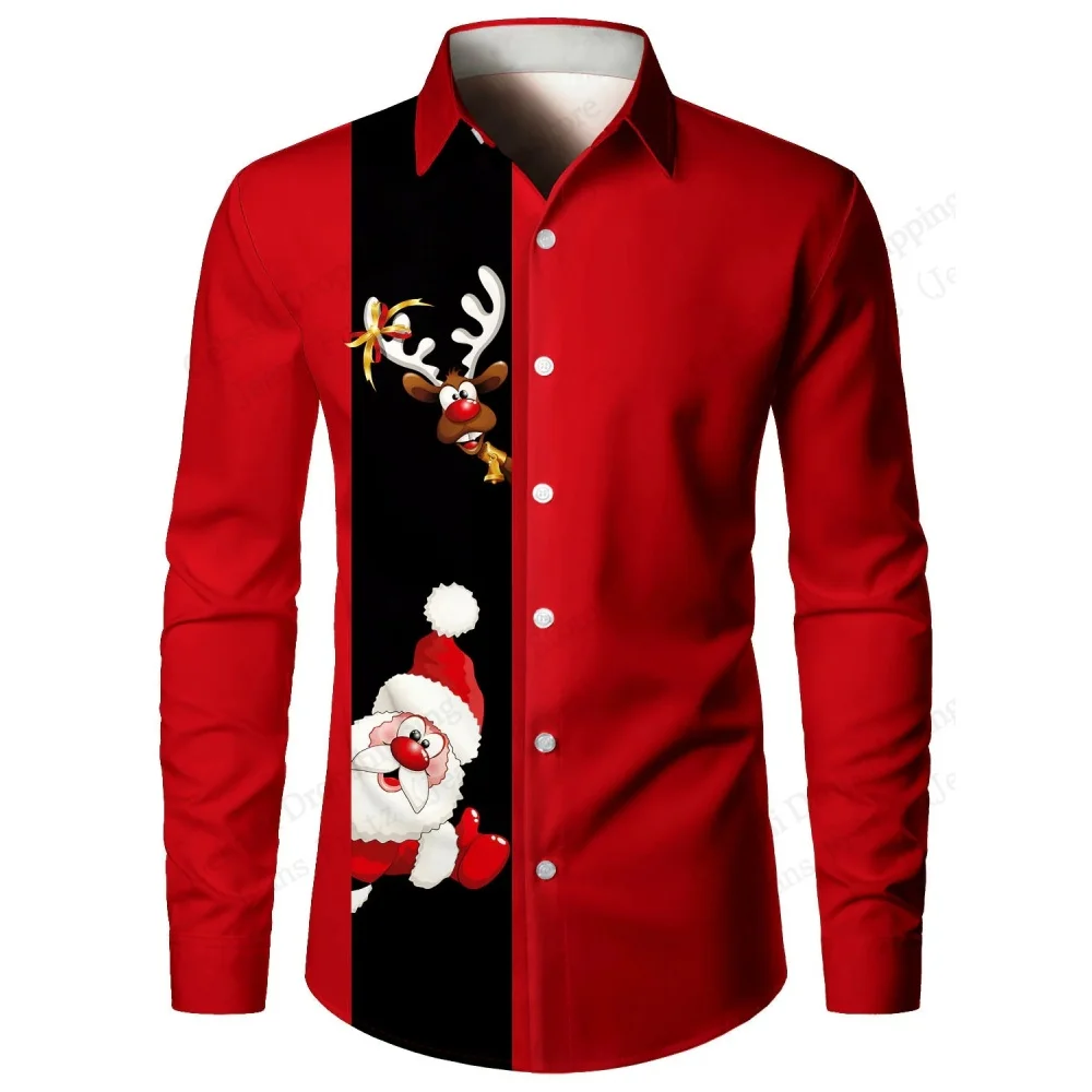 

Men's Santa Claus Christmas Long Sleeve Shirt Reindeer Elk 3D Print Shirt Men Fashion Casual Shirts Blouse Oversized Hawaiian